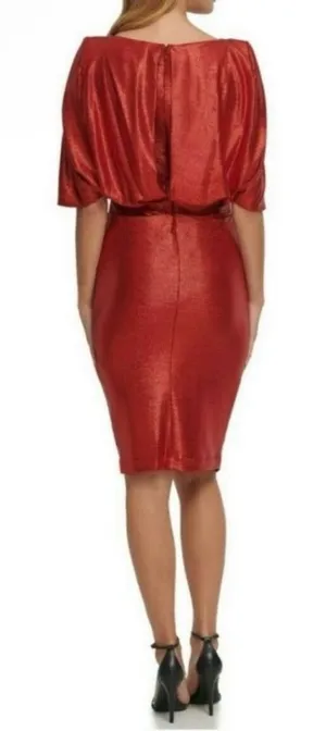Eliza J Cocktail Dress Capelet Sleeve NWT Ruched‎ Sparkly Red Draped Back Size 8 thumbnail 1