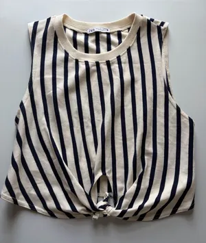 Zara Navy and Cream Striped Top Sz S thumbnail 1