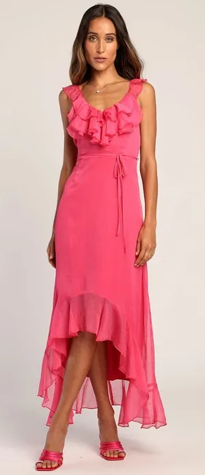 Lulus Enchanting Elegance Hot Pink Ruffled High-Low Maxi Dress Size Medium thumbnail 1