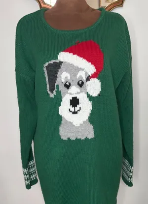 Woman Within Green Schnauzer Dog‎ Santa Hat Christmas Sweater Size 14/16 thumbnail 1