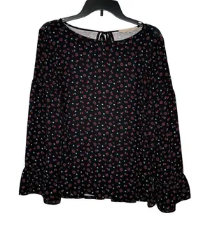 LOFT Women's Top Floral Knit Long Bell Sleeve Pleated Round Neck‎ Blouse Small thumbnail 1