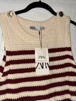 ZARA Cream and Burgundy Striped Knit Sleeveless Vest thumbnail 2