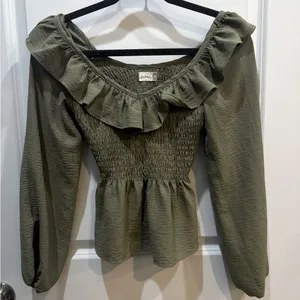 Altar’d State Olive Green Peplum Ruffled Blouse thumbnail 1