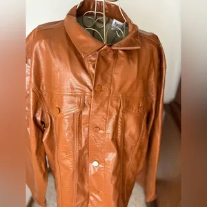 Princess Polly Croc Embossed Faux Leather Shirt Jacket Size L/XL Tan thumbnail 6