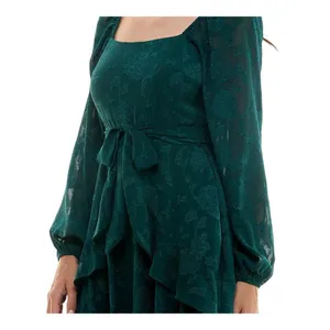 NWT Trixxi Tie-Waist Ruffled Jacquard Dress Belted 26EB4278FI Hunter Green S thumbnail 2