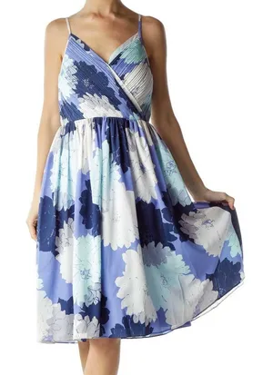 Banana Republic Blue Floral Empire Waist Knee‎ Length Dress with Pockets thumbnail 1