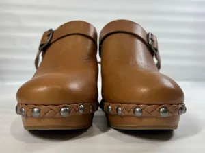 Lucky Brand Clog Heels Tan Leather Studded Braided Trim Slip-On Mule Sandals 7.5 thumbnail 9