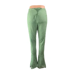 Oh Polly Women's Green High Rise Lace Up Back Flare Bootcut Bell Bottom Pants 4 thumbnail 2