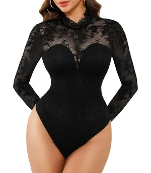 NWT Popilush Lace Shapewear Bodysuit Long‎ Sleeve Built-In Bra Open Back Large thumbnail 1
