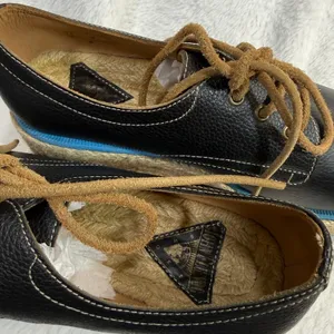 John Fluevog 4 Black Leather Platform‎ Espadrille Oxford Shoes Blue Sole Boho thumbnail 5