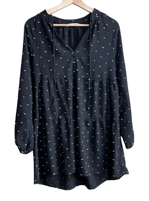 Zara black polka dotted long sleeved v-neck minidress women's size‎ medium thumbnail 1