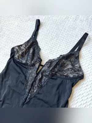 Plunge V Neck Shapewear Sculpting Thong Bodysuit L Black Lace Teddy Whimsigoth thumbnail 4