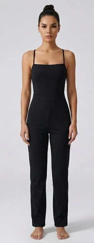NWOT Black Straight Neck Jumpsuit Open Lace Up Back Size L Fits M thumbnail 1
