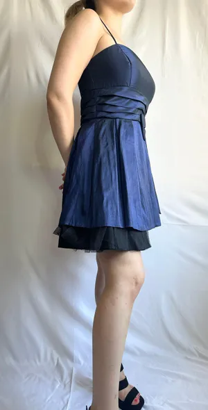 Fiesta Solid Straight Ruched Satin/Mesh Homecoming Dress - Blue/Black - M thumbnail 4