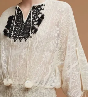 Anthropologie Vineet Bahl Iona Peasant Top Cream Lace Crochet M thumbnail 1