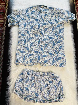 Kalami Rumi Blue and White Paisley Print PJ Shorts Set thumbnail 3