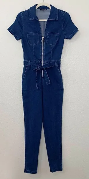 NWOT Haute Monde Zip Up Front Denim Short Sleeves Bodycon Jumpsuit, Sz Small thumbnail 1