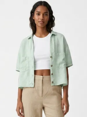 Zara Linen Crop Short Sleeve Button Down Blouse Mint Green Large Boho thumbnail 7