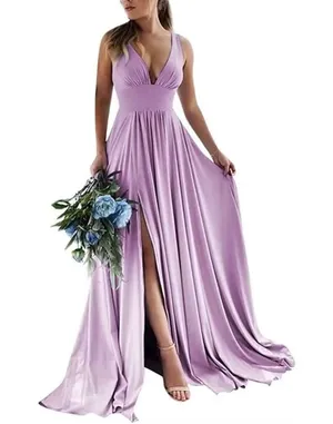 NEW Deep V-Neck Bridesmaid Dress Slit Formal Evening Gown 2 thumbnail 1