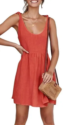 NEW Coral Shoulder Tie Strap Babydoll Dress Swing Mini Sundress M thumbnail 1