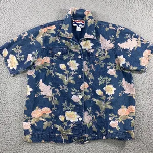 Vintage 90s Floral‎ Denim Shirt Women L Button Up Retro Western S/S Rodeo Boho thumbnail 1