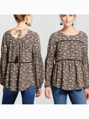 KNOX ROSE Smocked Floral Tie Back Top Black Etc Boho Long Sleeve Peasant Blouse thumbnail 2