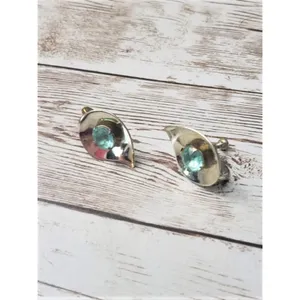 Vintage Screw On Earrings - Teardrop Shape with Turquoise Tone Gem thumbnail 2