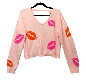 Witty Fox Pink Lips Print Long Sleeve V Neck Pullover Knit Sweater‎ XL thumbnail 1