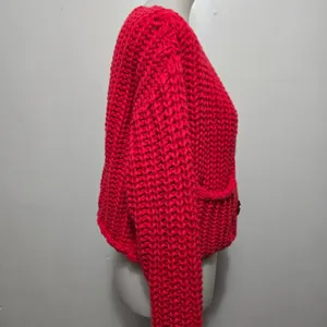 Chunky Knit Red Cropped Cardigan Gold Button Pockets Women Size M thumbnail 4