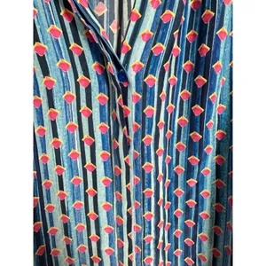 Ecru‎ 100% Silk Blouse Blue Pink Geometric Striped Split Neck Long Sleeve Large thumbnail 3