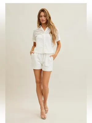 Rivir White Eyelet Button Front Top & Shorts Set Medium thumbnail 3