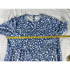 Blue White Polka Dot Tiered Midi Dress Puff Sleeve Boho No Size Tag Fits XL/2XL) thumbnail 4