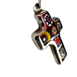 Sterling silver Vintage Murano Millefiori Cross Pendant thumbnail 4