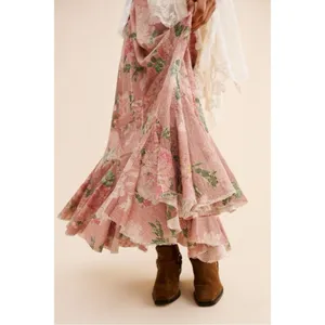Free People Ethereal Dainty Cottage Prairie Bordeaux Floral Maxi Skirt Large thumbnail 6