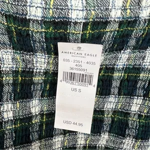American Eagle NWT Trendy Plaid Puff Sleeve Top Green Navy White Smocked Crop thumbnail 3