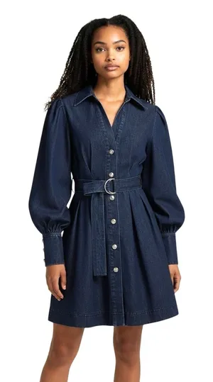 COMMENSE Women’s Belted Button Front Puff Sleeve Dark Wash Denim Dress thumbnail 1