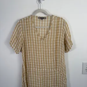 Flax 100% Linen Beige Tan Gingham Midi Dress Coastal Lagenlook Womens Small thumbnail 4