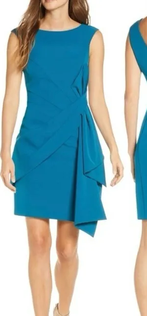 NWOT Eliza J Side Drape Laguna Crepe Cocktail Teal Blue Dress 8 thumbnail 1