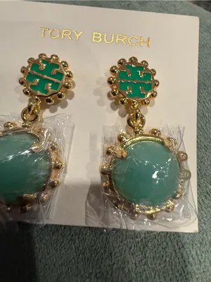 Tory Burch | Gold-Plated and Green Drop Logo Earrings thumbnail 3