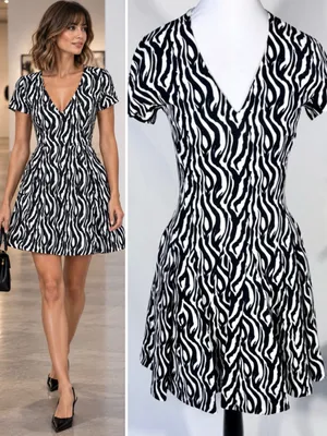 💥REISS Black White Zebra Fit & Flare V Neck Mini Dress Pockets Sz 2 💛 thumbnail 2