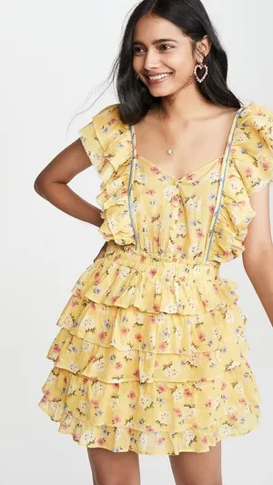 LoveShackFancy Phyllis Yellow Floral Ruffle Tiered Mini Dress Size XS thumbnail 1