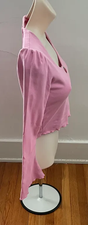 Dolls Kill Sugar Thrillz From Take A Bite Pink Strawberry Charm Flare Sleeve Crop Top, size S thumbnail 8