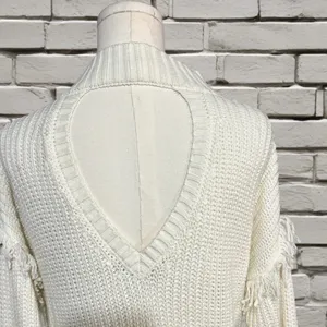 American Rag Cie White Cable Knit Sweater Dress S Fringe Sleeves Open Back thumbnail 4