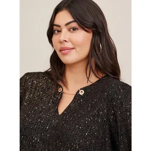 Torrid Womens Blouse Sz 2 2X 18 20 Black Gold Crepe Chain Detail 3/4‎ Sleeve thumbnail 4