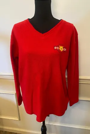 Vintage Disney Pooh V Neck Fleece Sweater Pullover with Navy Trim Embroidered thumbnail 1