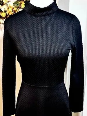 Free People Flirt N Flare Black Textured Open Back Mini Dress Mock Neck Sz M💛 thumbnail 7