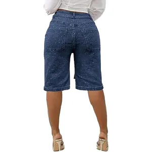 NWT ~ Women's Rhinestone Denim Stretchy High Waisted Bermuda Jean Shorts ~ 14 thumbnail 2