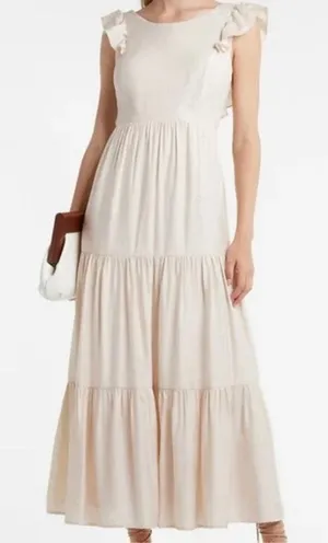 NWT Express Sz S Beige Tiered Ruffle Tie Back Sleeveless Maxi Summer Sun Dress thumbnail 1