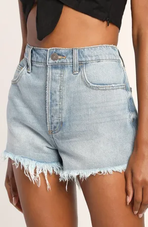 Cello Rip Tide Light Wash High Rise Frayed Hem Denim Shortie Shorts NEW thumbnail 1