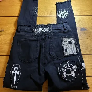 Dolls Kill Current Mood Stitch Lace-Up Patchwork Jeans black stretch denim s got thumbnail 10